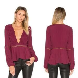 For Love & Lemons Deep V Long‎ Sleeve Blouse Top in Wine Size Large